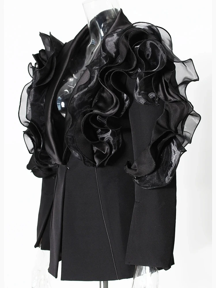 Mesh Ruffles Casual Blazer For Women Lapel Long Sleeve Fashion Loose Fit Jacket Spring Autumn 2025 - Image 3