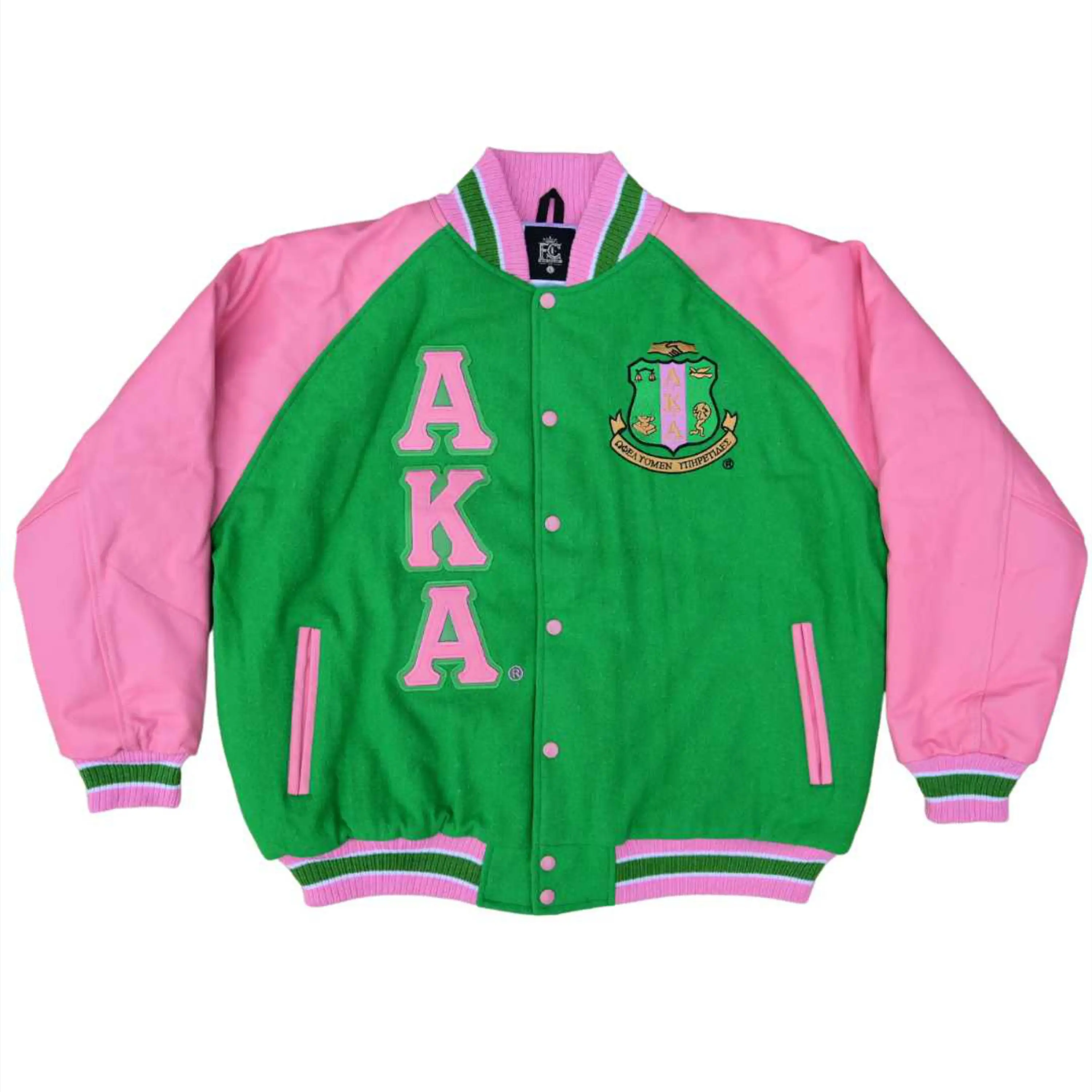 Breathable Women Letterman Jacket Green Cashmere Wool Body Pink - Main Image