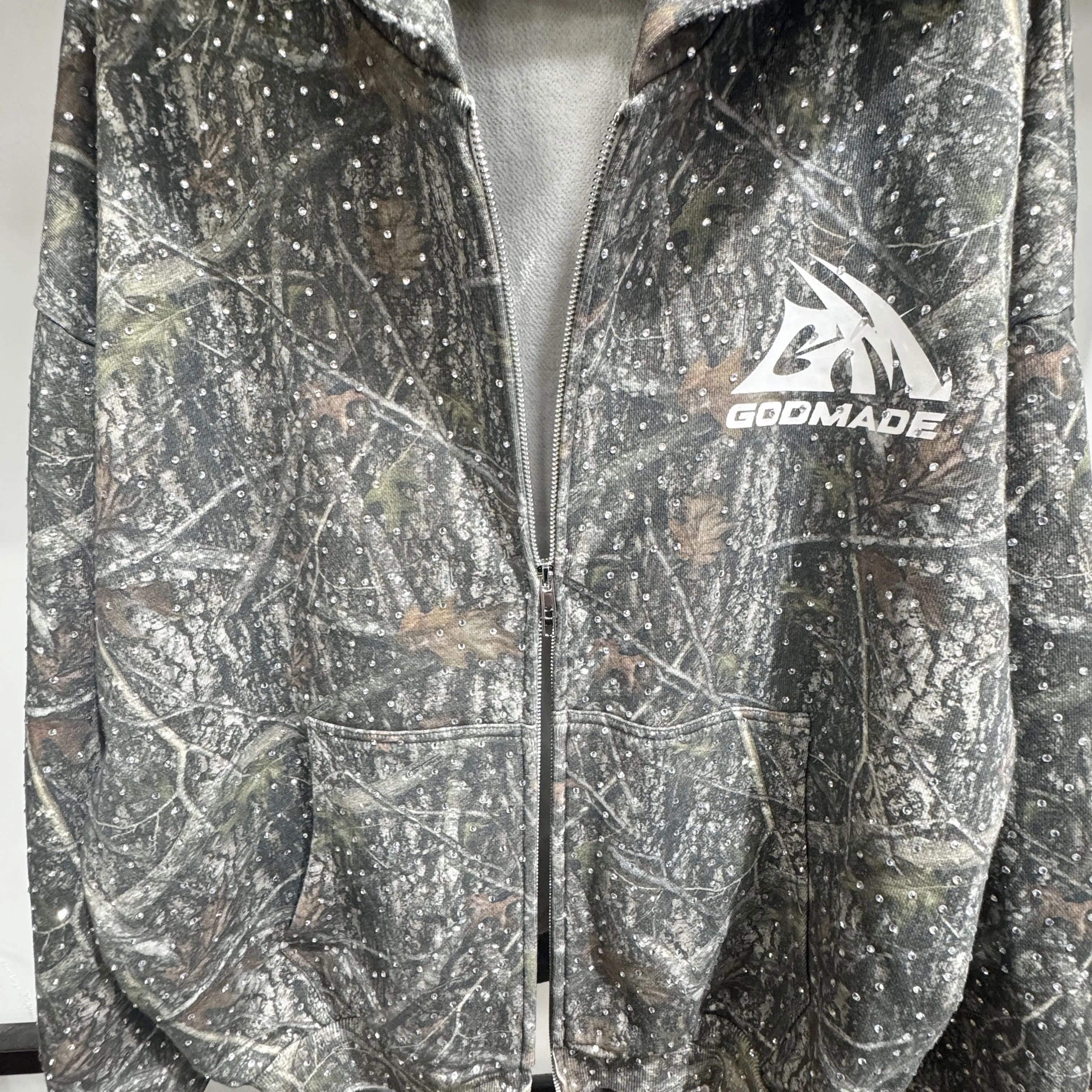 Streetwear Custom Distressed Vintage Washed Camouflage Real Tree Cotton Rhinestones Oversized Cropped Hoodie for Men gallery 2