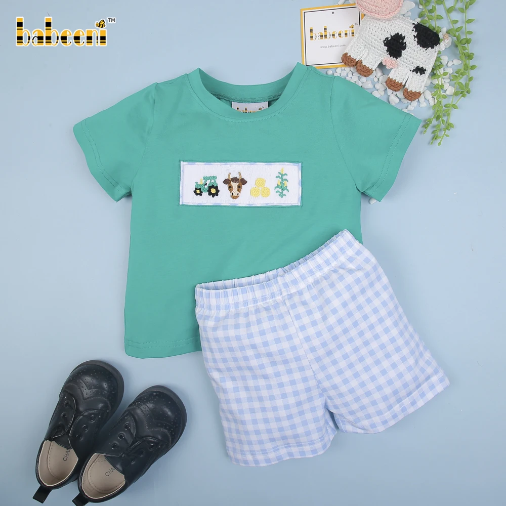 Farm Hand Smocked Boy Short Set Oem Odm Customized Hand Made Embroidery