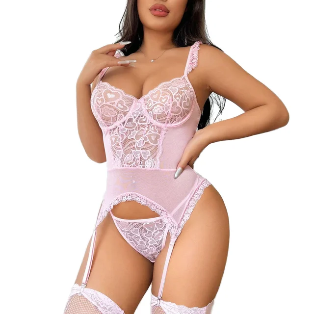 Hot Selling Pink Women's Sexy Underwear Lace Lingerie Set 4pcs/Set for Valentine's Day Edition