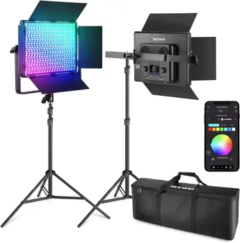 NEEWER 2 Pack PL60C RGB LED Panel Video Light Kit with 6.6ft/2m Spring Cushioned Light Stands/Bag, APP/2.4G/DMX Control, 60W