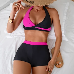 Wholesale Black & Purple Halter Bikini Tankini 2-Piece Sexy Solid Pattern Swimwear for Women Front Logo Woven Weaving Method