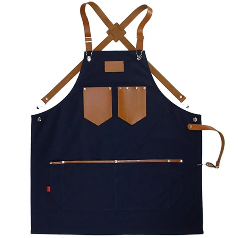 Factory Handmade Denim Leather Cross Back Leather Kitchen Strap Apron