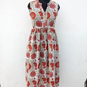 Hand Block Printed Summer Cotton Dress| Floral Print| Handmade V-neck Sleeveless Casual Long Maxi Dress For Women