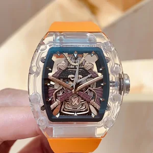 New Luxury Designer Men's Mechanical Watch with Tonneau-shaped Orange Transparent case High-quality Business Sports Casual Watch