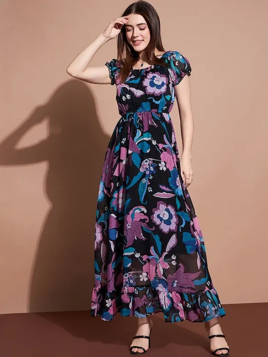 Flutter Sleeves Ruffled Square Neck Flounce Midi A-Line Dress Front Ruffle Women Casual Summer Dress Made In India
