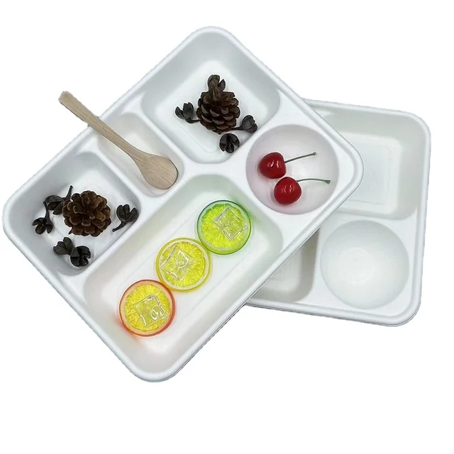 Business 5 compartment food tray disposable biodegradable bagasse tableware eco-friendly compostable bagasse tray