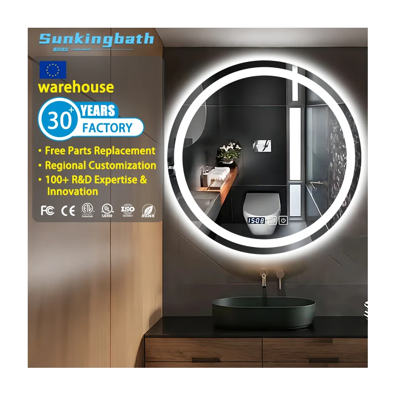 Large Round Battery Powered Smart Ip44 Light Wall Mount Mirror Custom Bluetooth Bathroom Mirror With Led Hotel