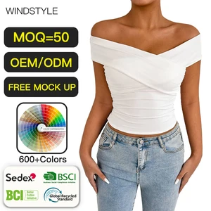 Women's Summer Fashion Slim Fit Spandex Top Single Shoulder Collar Strapless T-Shirt Breathable and Short Length