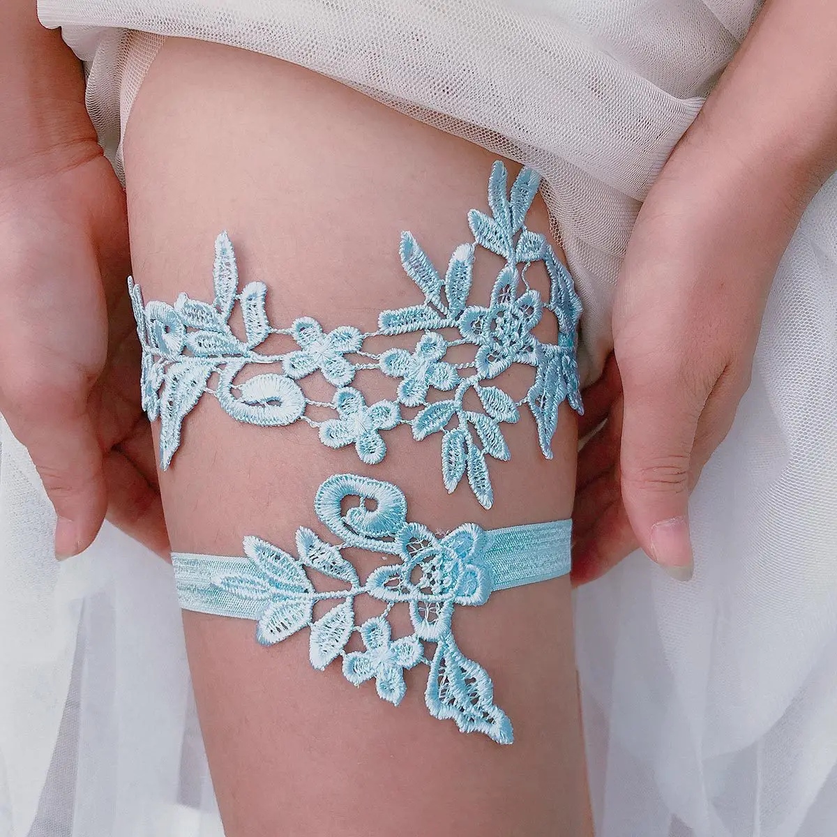 Something Blue Floral Embroidery Lace Leg Ring Wedding Garter Set Belt  Elegant Floral Thigh Garter for Brides