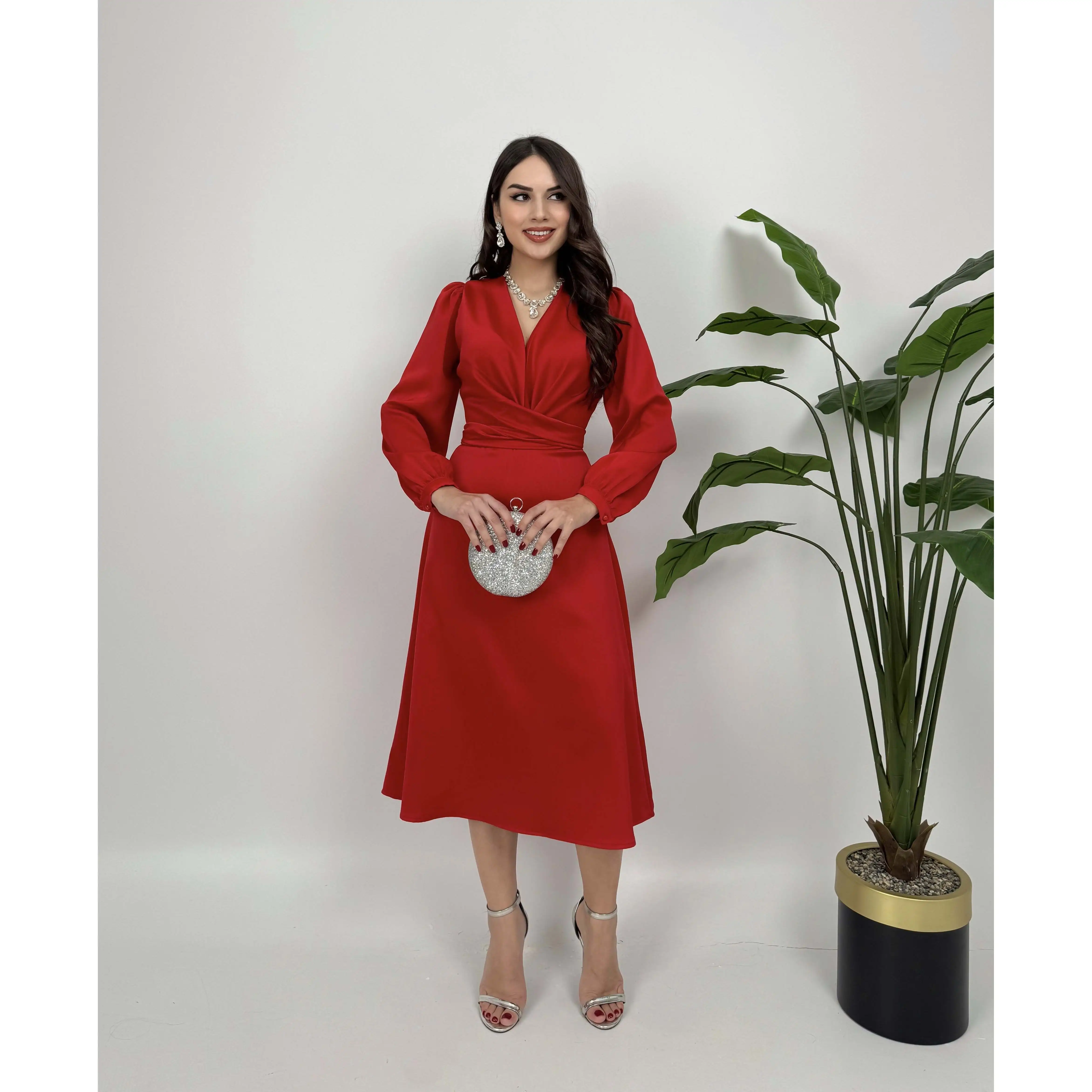 2052 A-Line Satin Belted Dress with Natural Waistline