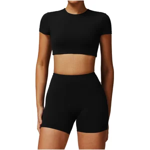 Fitness Apparel Sports Workout Crop Top Women Short Sleeve Cropped Gym Sweat T Shirt Round Collar Slim Fit T-Shirt
