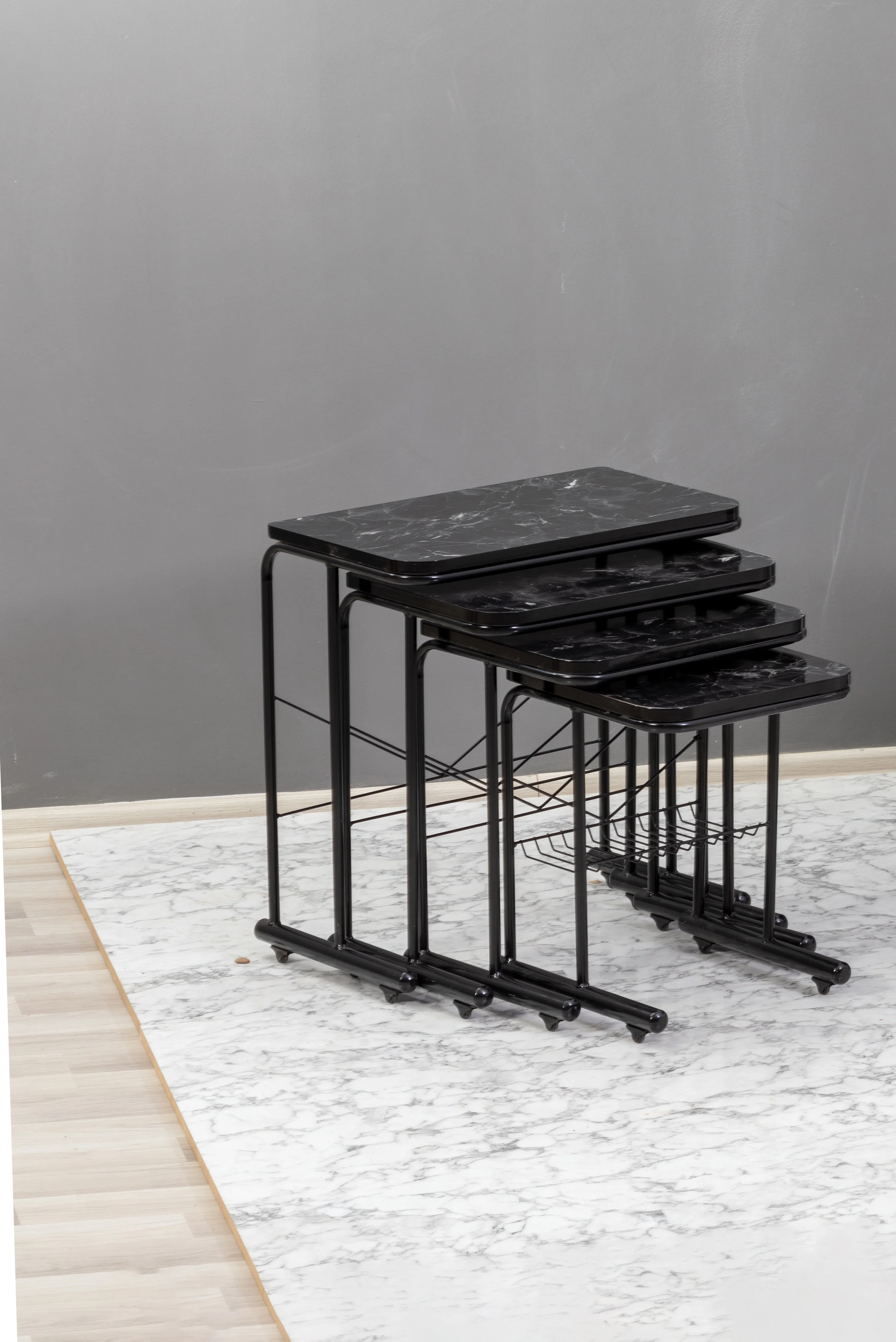 Modern European Design Nesting Tables Set of 4 Chrome Plated Metal Legs with MDF Laminate in 3 Colors for Living Room Furniture