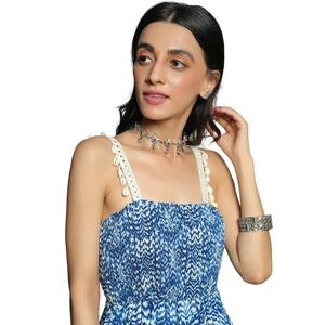 Smocked Mediterranian Blue Anarkali Kurta With Pant and Gota Highlighted Dupatta Kurta Set Women Available Big Size Wholesale