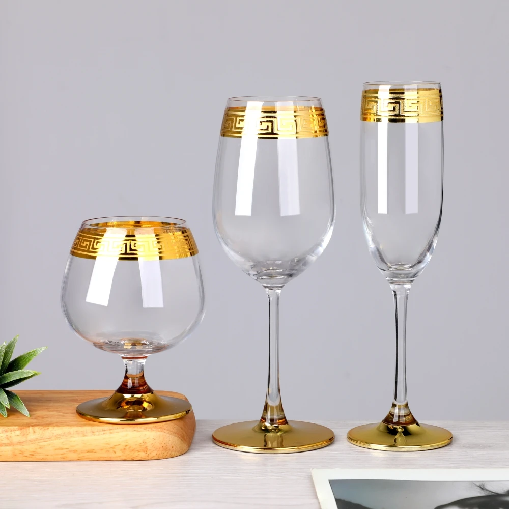 Heavy Bottom Greek Key Gold Rim Champagne Flutes Brandy Snifters Highball Rocks Whiskey Red Wine Drinking Glass