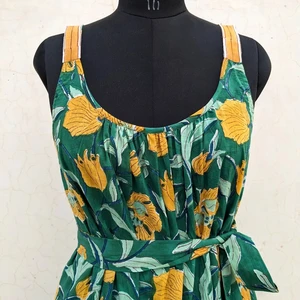 Hand Block Printed Cotton Dress with Natural Waistline Border Print Pocket Belt Handmade in India Woven Method