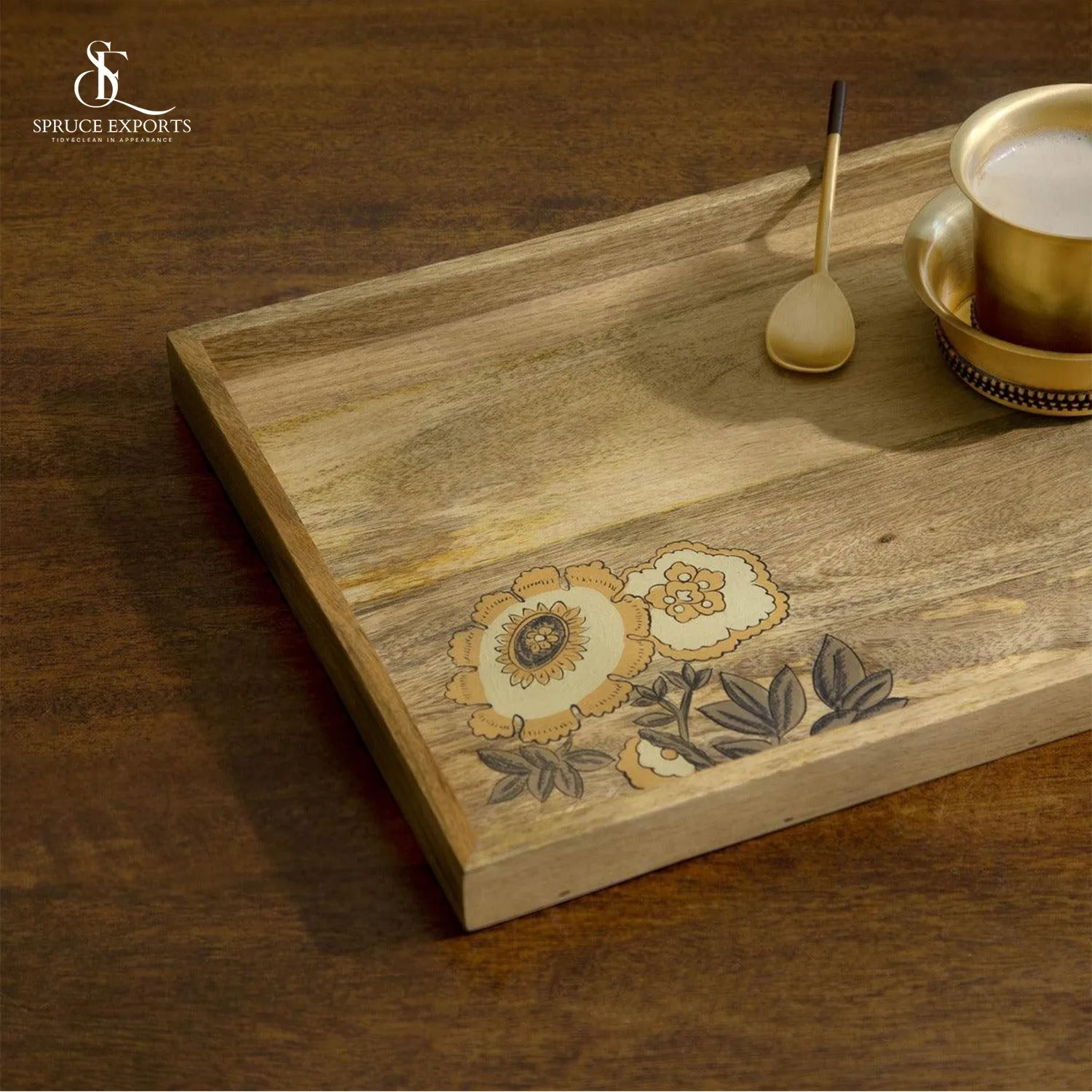 Rectangular Wooden Serving Tray with Leaf Printing Stylish Snack Breakfast and Decor Tray for Home Bestseller