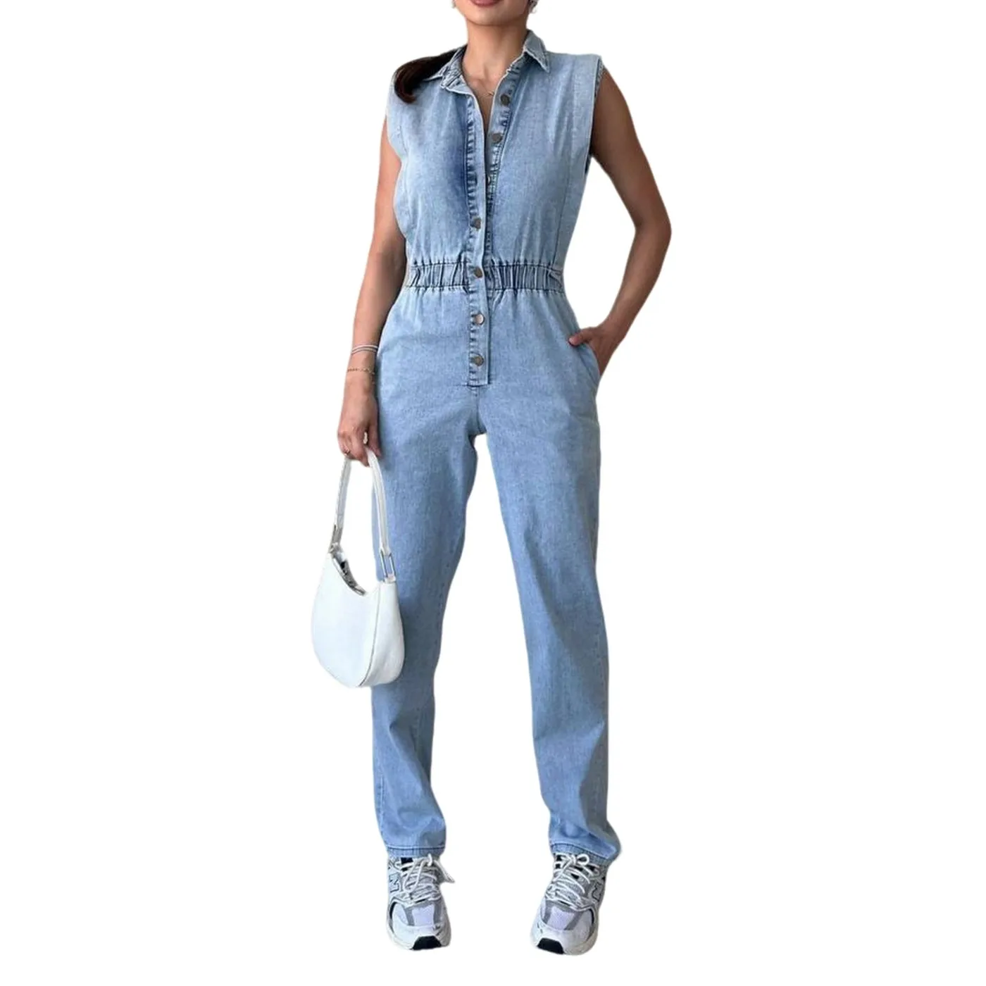 Elegant Female Denim Jumpsuit Sleeveless Shirt Loose Fit Ankle