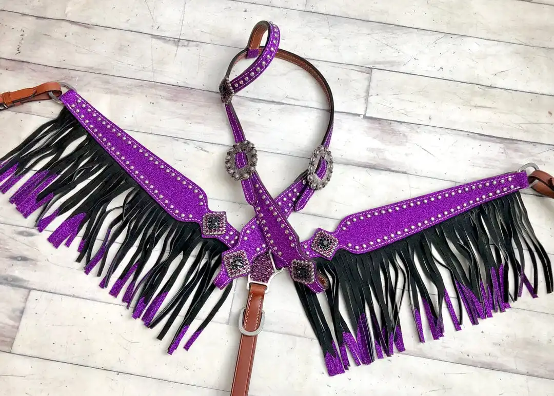 Purple Blinge Fringe Tack Set Headstall Breast Collar Genuine Leather Lightweight Beaded