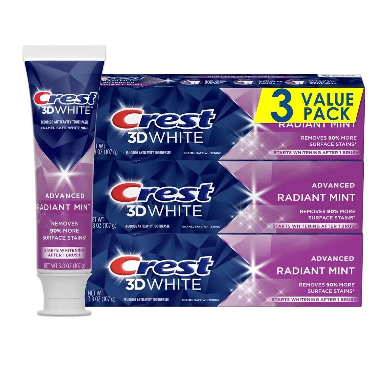 Crest 3d White Radiant Mint,Teeth Whitening Toothpaste,3.8 Oz,Pack Of 3