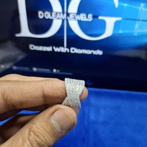 White Gold Plated X Band Diamond Ring Crisscross Design with 925 Silver Moissanite Diamond Wide Diamond Band