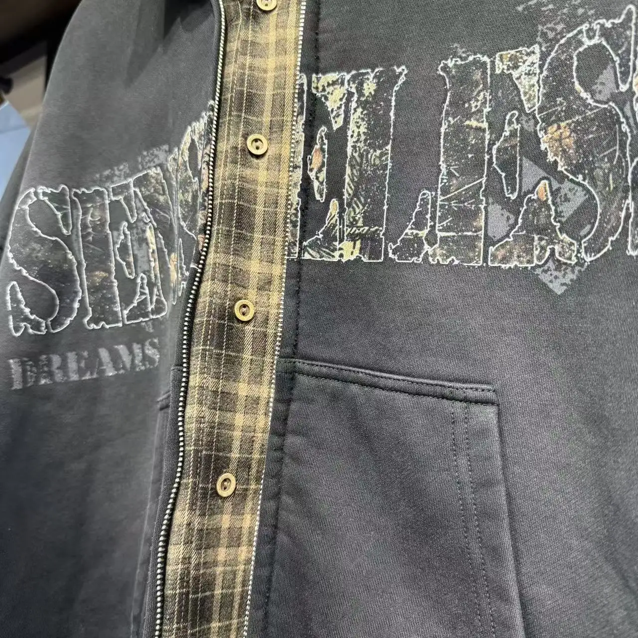 SALATI Manufacturer Custom Vintage Distress Blank Rhinestone Distressed Drop Shoulder Shirt Line Zip up Hoodie Men gallery 3