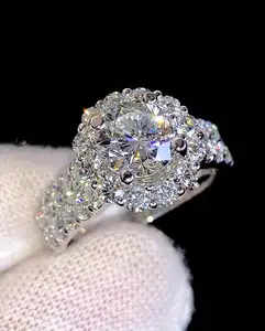 Brilliant Moissanite Engagement Ring Women 925 Sterling Silver Prong Setting Rhodium Plated Trendy Iced White Gold Wedding Band