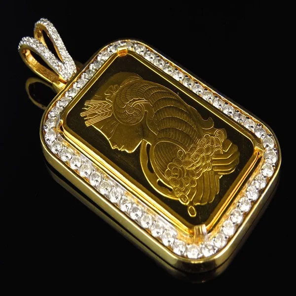 10k Yellow Gold Round Cut Lab Grown Pamp Suisse Bar Diamond Pendant for Men