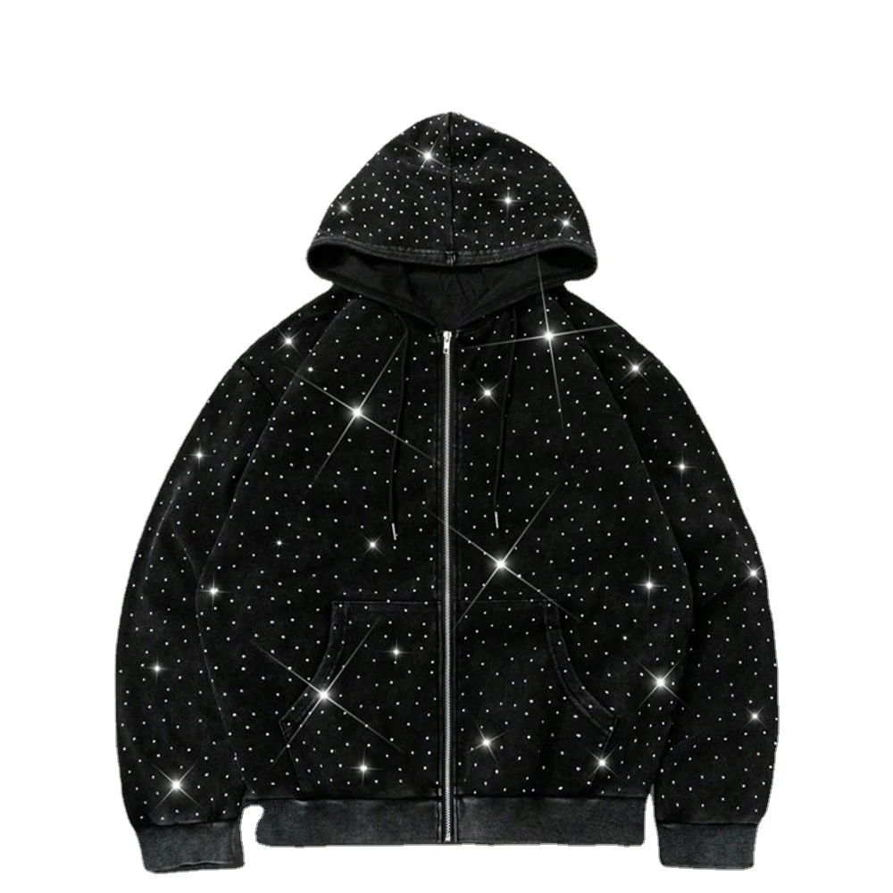 Custom Men's Designer Crystal Studded Zip-Up Hoodie Oversized Streetwear Fleece Jacket Full Rhinestone 100% Cotton Autumn