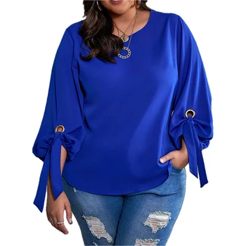 Chic Plus Size Knot-Front Tunic Top - Comfortable Lantern Sleeves & Flowy Hem Design for Everyday Elegance