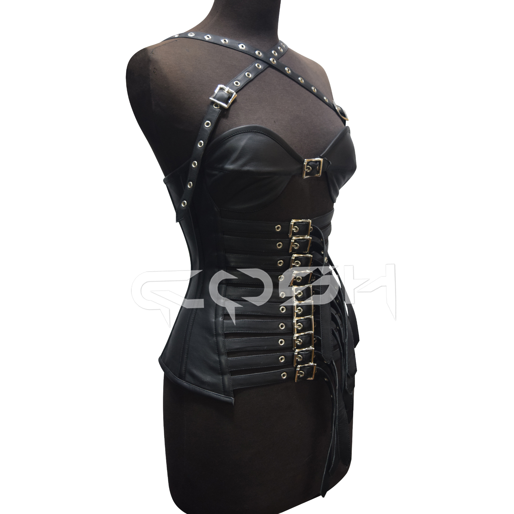 Black Leather Breathable Rivet Bondage Harness Corset