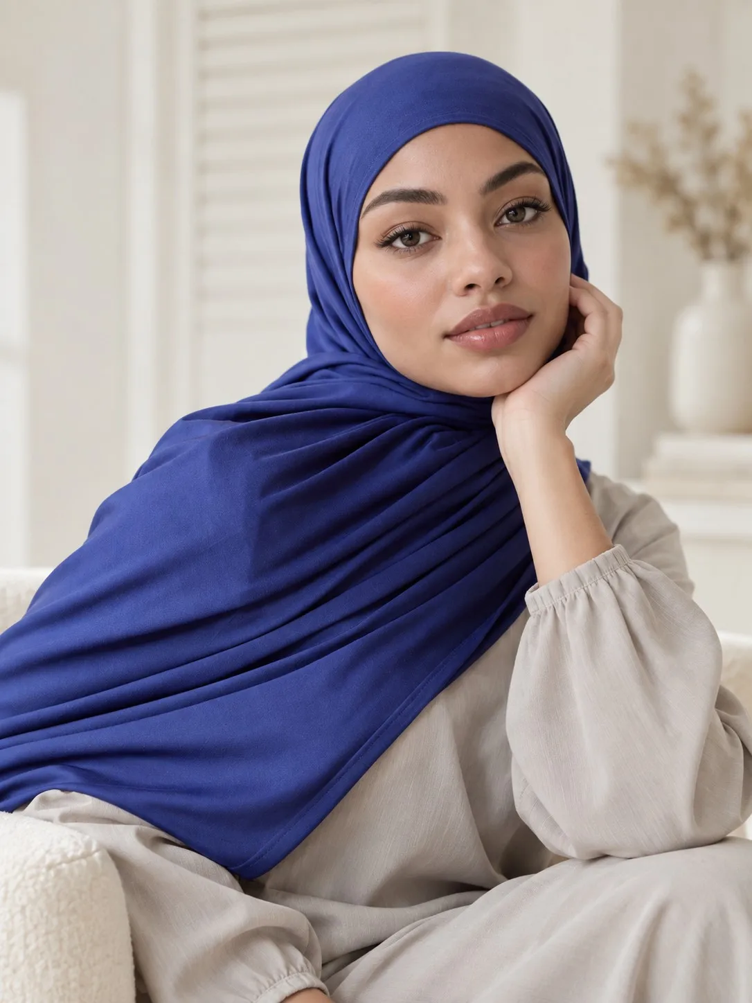 Wholesale cotton jersey hijab royal blue — model reclining side view showing smooth drape and volume