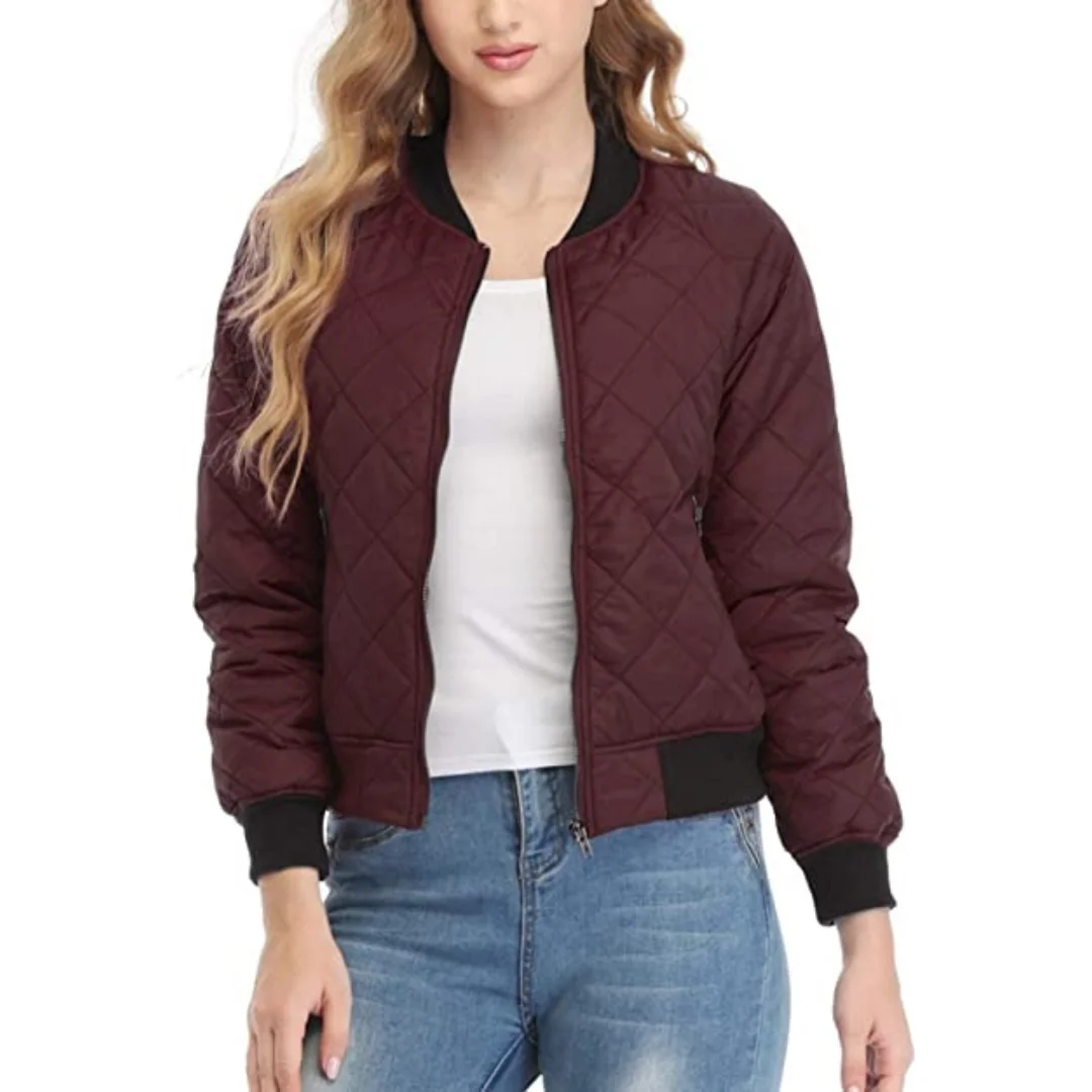 New Style Plus Size Cheap Wholesale Custom Women's Quilted Jacket Long Sleeve Zip up Raglan Bomber Jacket With Pockets