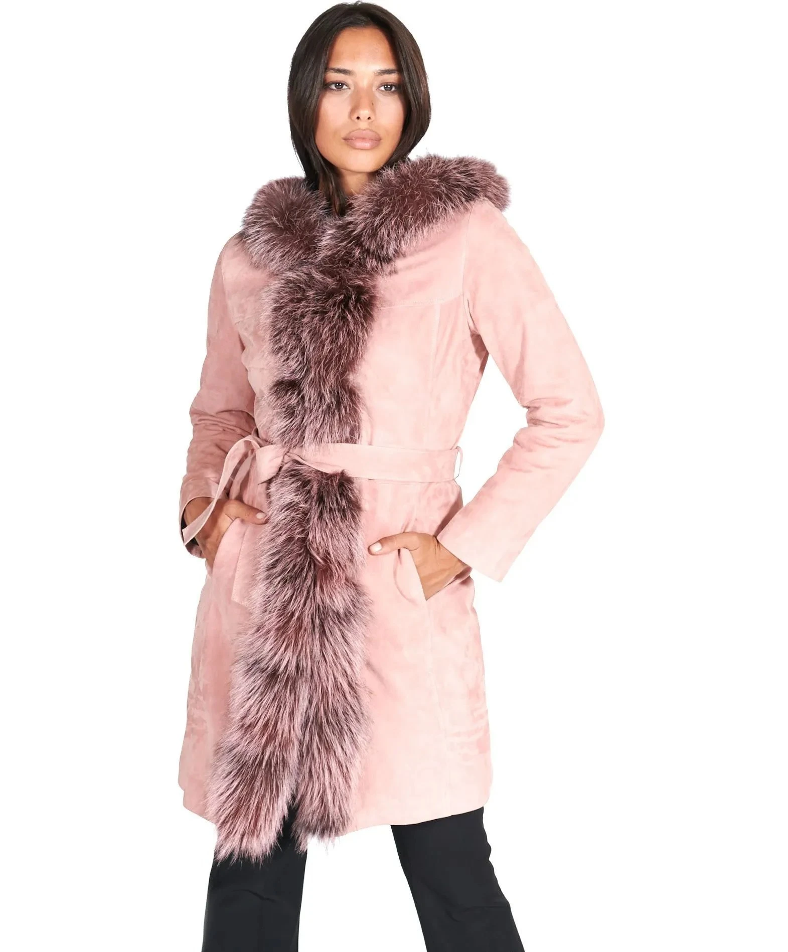 Women Pink Suede Lamb Leather Hooded Coat Fur Edge Manufacture From Pakistan By Village Impex - Image 5