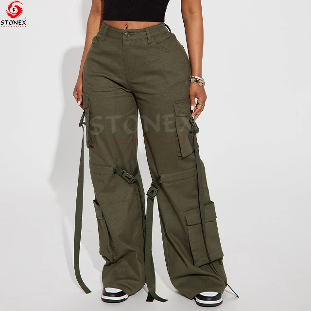 Customized Women Functional Side Cargo Pockets Zipper & Button Front ...