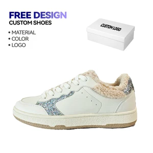 Women's Custom Logo Leather Upper Sneakers Thickened Cotton Lining Lace-Up Design Slip Resistant Comfortable Platform Shoes