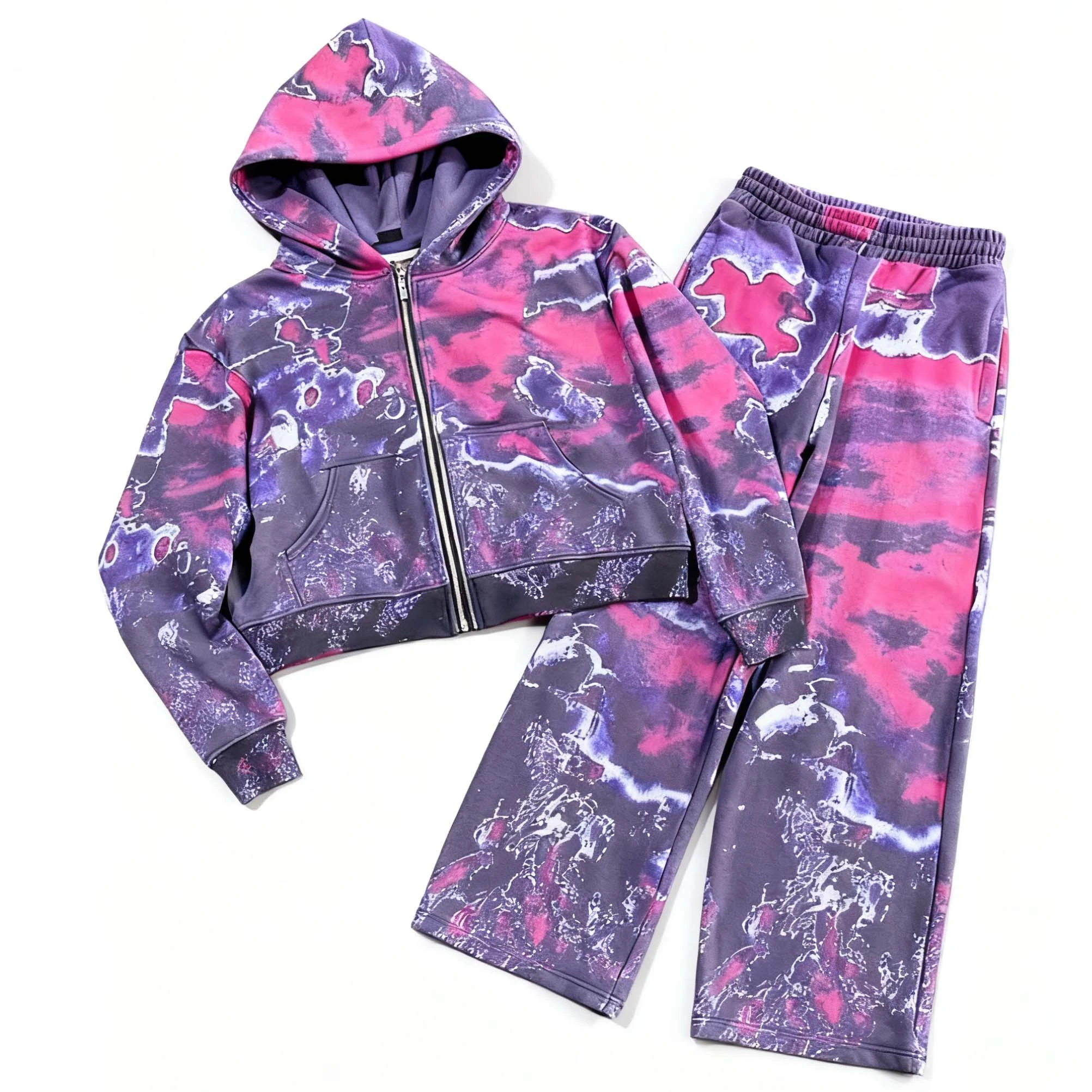 Custom Graphic Puff Printing Drawstring Hooded Acid Wash Tracksuit Heavyweight Casual Streetwear Apparel Clothing Manufacture