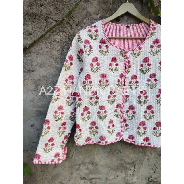 Hand Block Flower Print Winter Jacket Women Clothing White & Pink Indian Kantha Jacket Cotton Quilted Coat, Boho, Hippie