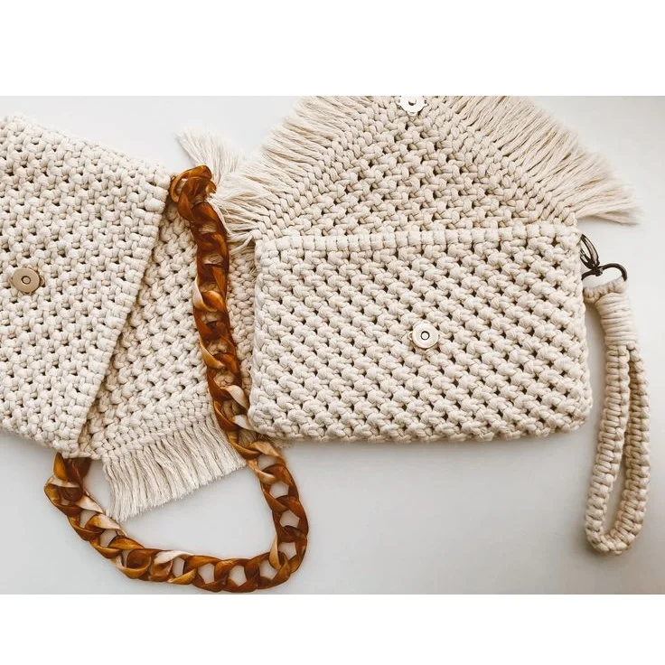 Mustard Color Macrame Clutch Hand Knitted Boho Purse Lady Fashionable Hand Bag with Detachable Sling and Fringes