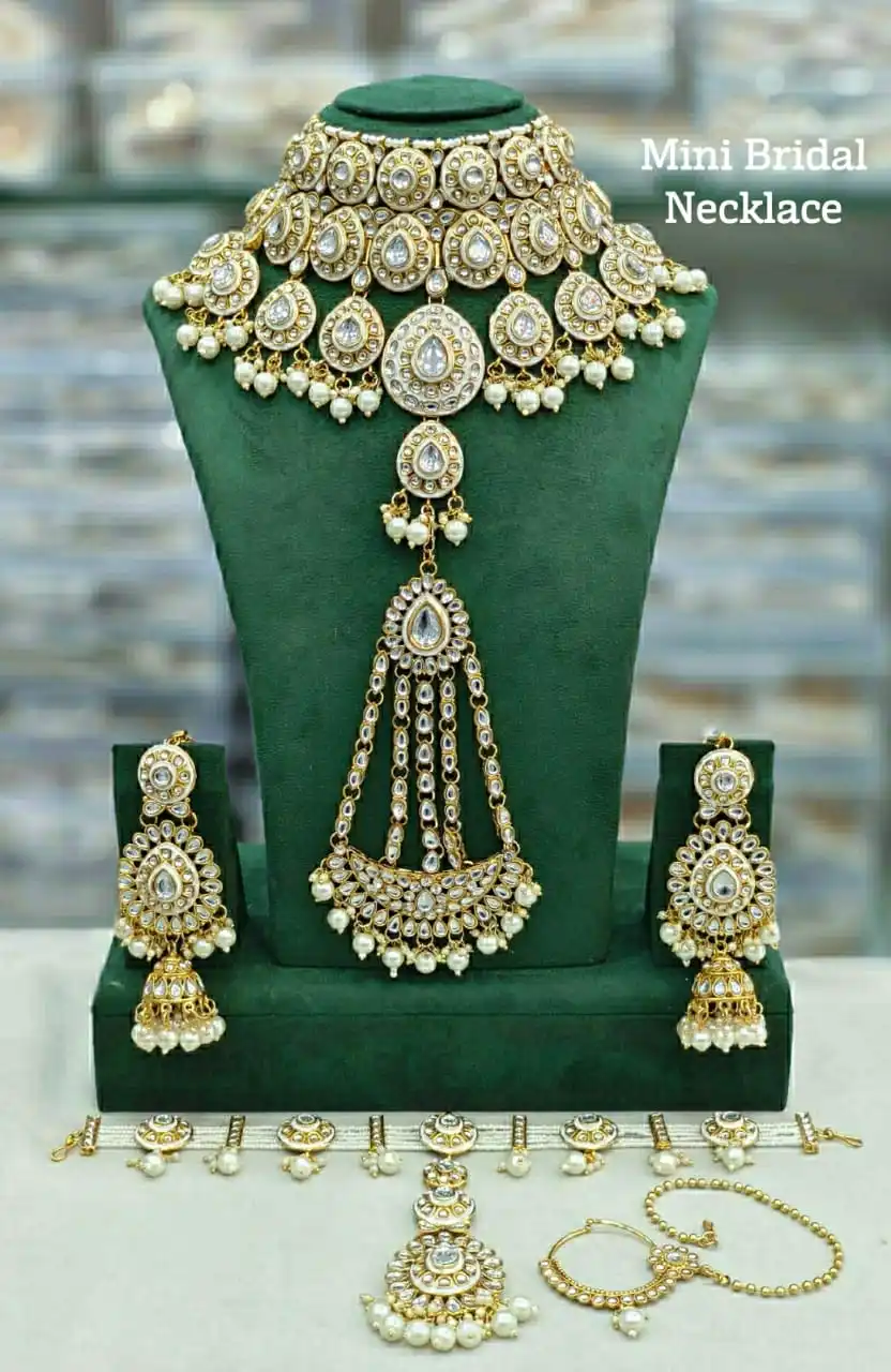 Full Gold Plated Kundan Necklace Maang Tikka Pasa Matha Patti