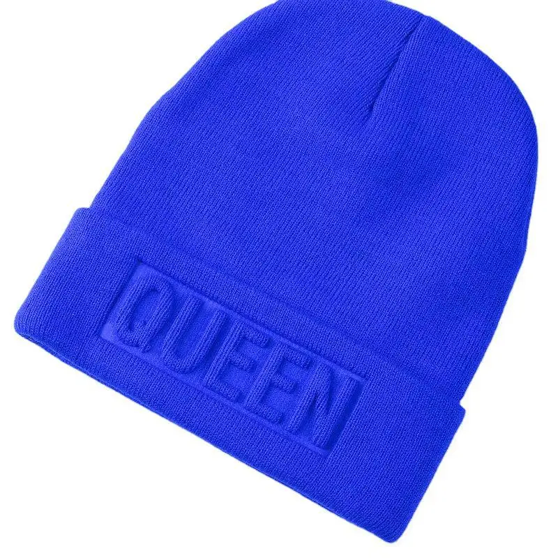 DLL419 Acrylic Cuffed Custom Logo Embossed Beanie Knitted Beanie KING QUEEN logo Winter Beanie Hat