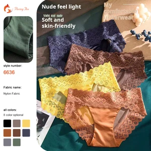 Ice Silk Ladies Underwear Low Waist Lace Seamless Comfortable Breathable Antibacterial Cotton Crotch Plus Solid Everyday Thin