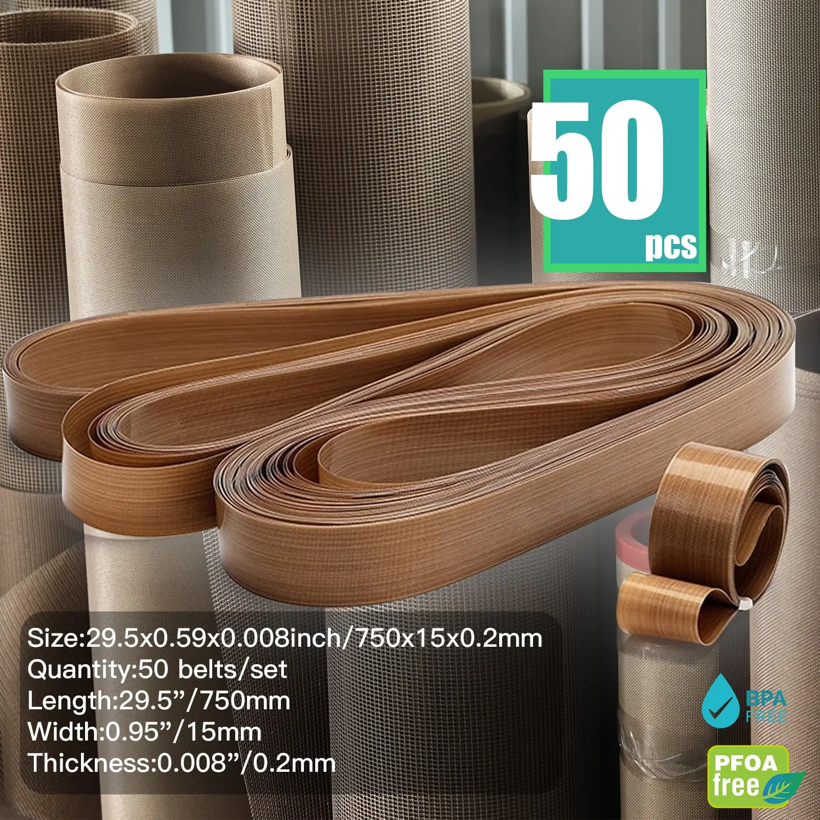 50x PTFE-Förderband Für Heißsiegelgeräte FR-900/770/810 – 750/770/810x15 Mm, 0,2 Mm Stark – Temperaturfest Bis 280 °C