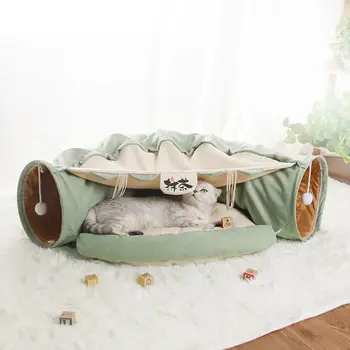 2 in 1 Cat Tunnel with Scratching Ball, Cushion and Hammock