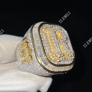 Unisex Iced VVS Lab Grown Diamond R Initial Letter Rapper Pinky 925 Silver Brilliant Cut Championship Bustdown Ring Gift SS