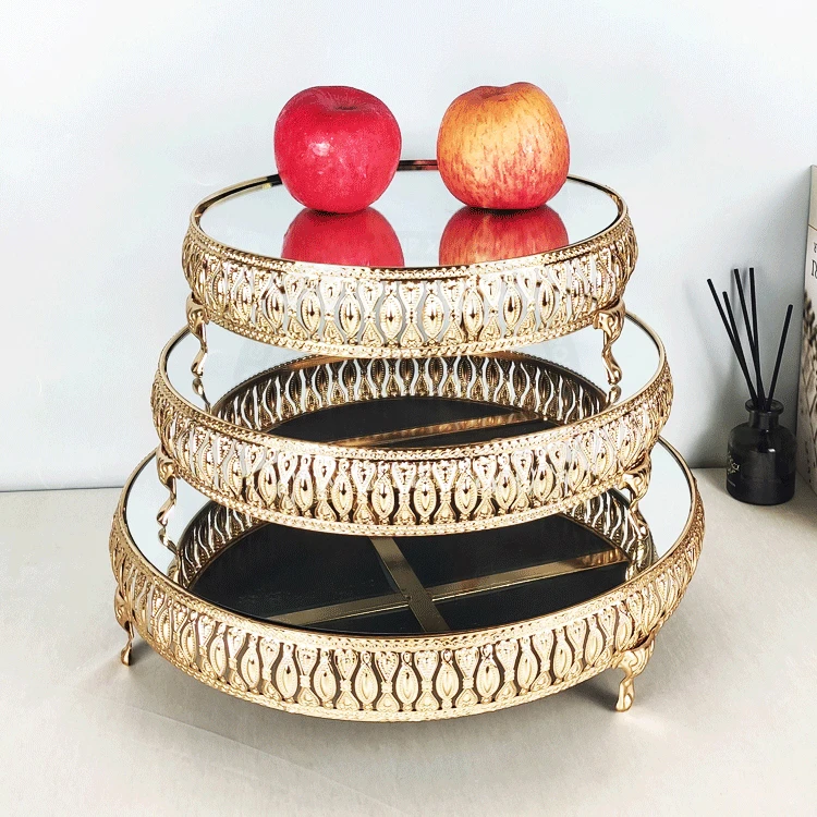 birthday wedding display cake tools metal display tray round gold 3 tier dessert cake stand set mirror tray