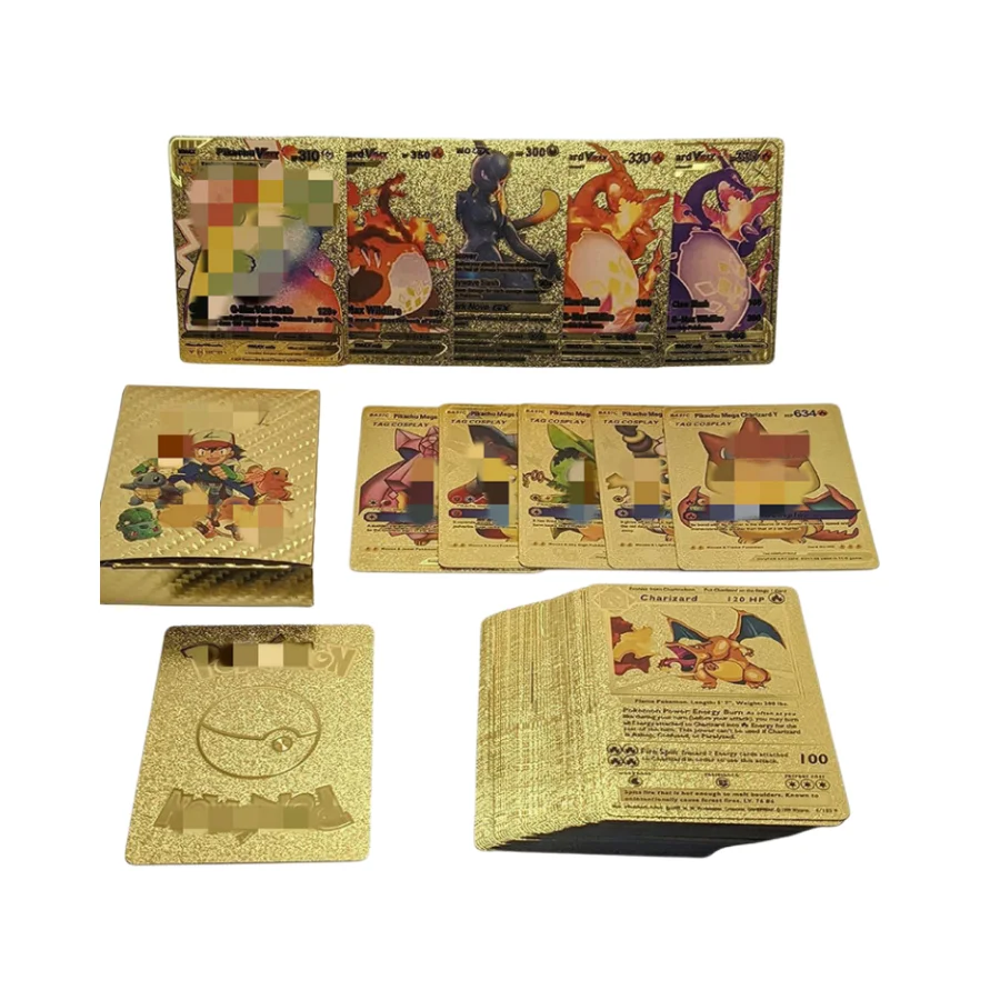 55 Pcs /box English Spanish French Gold Foil Trading Poke Mon Cards Poke Mon Gold Foil Card