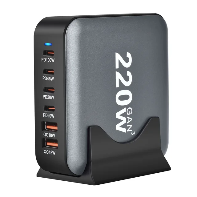 Multi Function 220W Quick Charge GAN Wall Charger 6 Ports With Type C And USB A Laptop Fast Charging Station