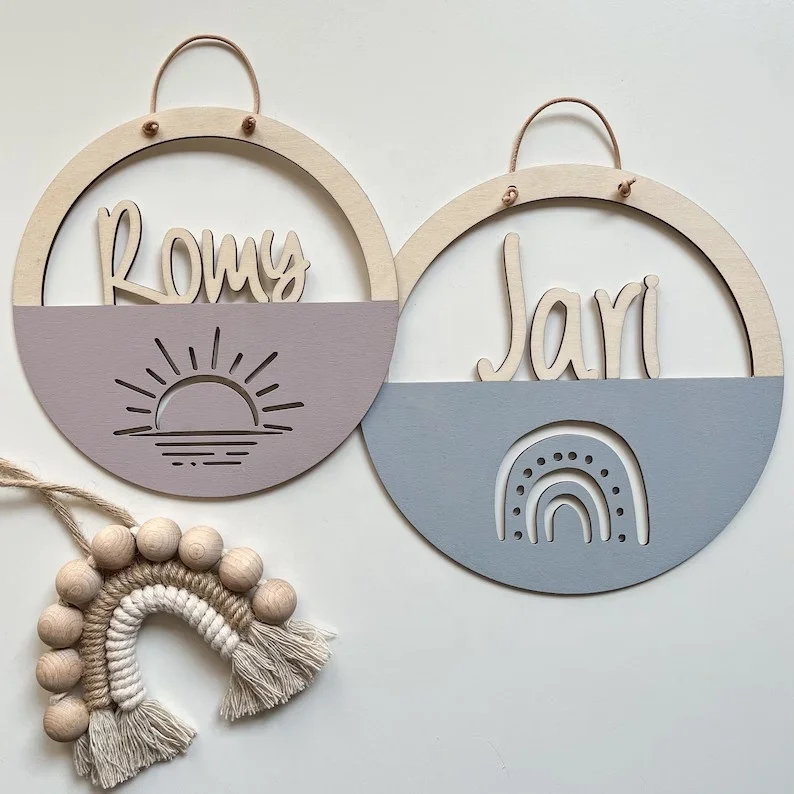 Round Wooden Photo Frame with Personal Name Engraved Gentle Pastel Printed for Bedroom Hanging Decor or Home Storage Design